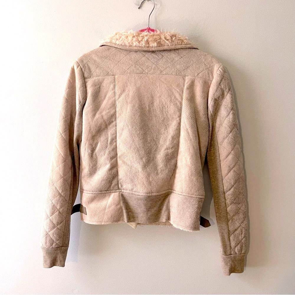 Vintage Miss Me Tan Suede Aviator Jacket Faux Shearling Collar Moto Style Small - Picture 3 of 9